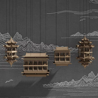 Unique shaped Pendant Lights With Wooden Chinese Architectural Design And Landscape Patterns 3d model