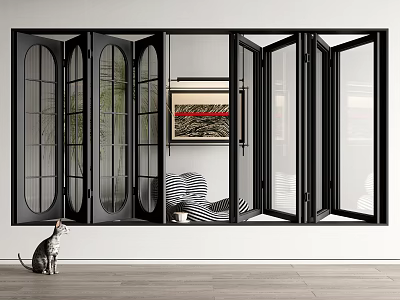 Black Glass Folding Doors In Modern Indoor Space With Cat Plant Artwork And Chair 3d model