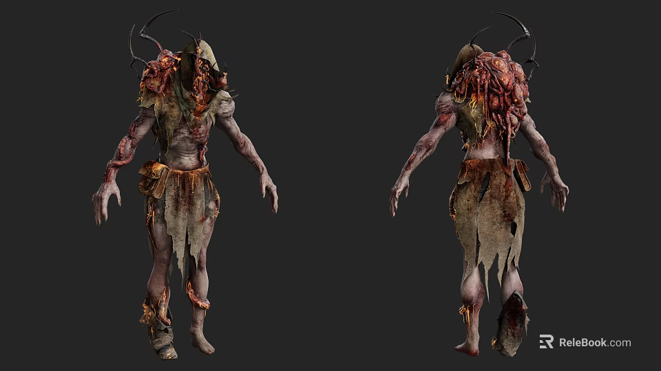 Horror Game Movie Character With Decayed Skin Horns Tattered Clothes 3d model 