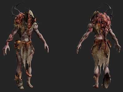 Horror Game Movie Character With Decayed Skin Horns Tattered Clothes 3d model
