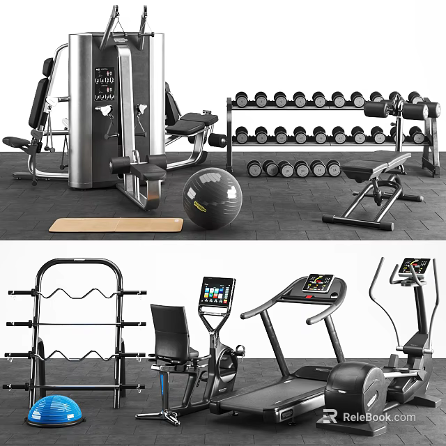 Essential Sports Equipment Including Dumbbell Rack Treadmill Elliptical Trainer Exercise Ball And Weight Bench 3d model 