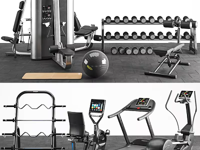 Essential Sports Equipment Including Dumbbell Rack Treadmill Elliptical Trainer Exercise Ball And Weight Bench 3d model