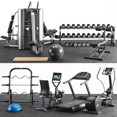 Essential Sports Equipment Including Dumbbell Rack Treadmill Elliptical Trainer Exercise Ball And Weight Bench 3d model