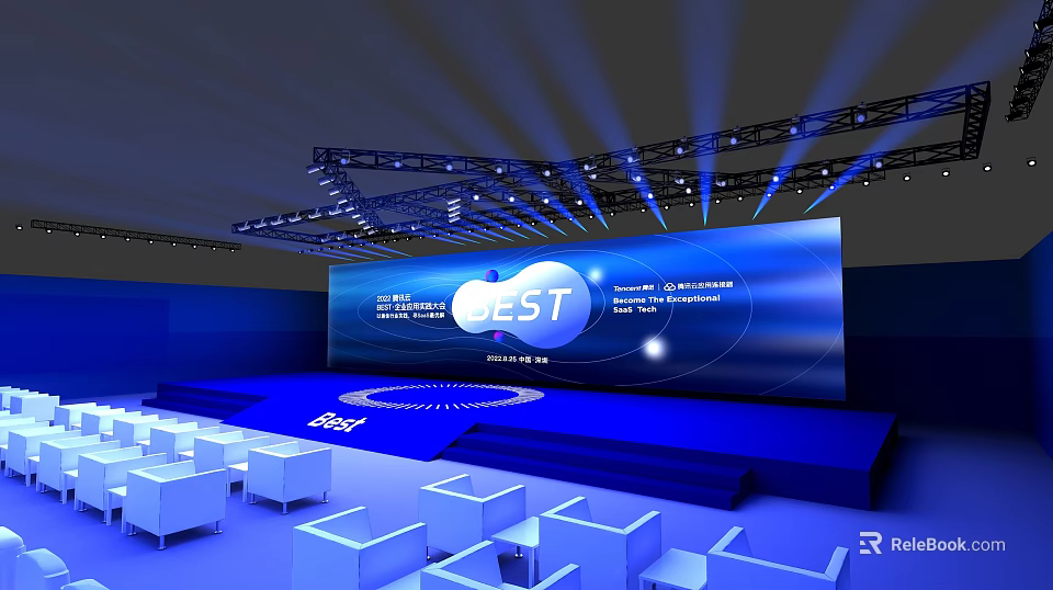 Large Event Stage Setup With Blue Backdrop Screen BEST Text White Chairs And Lighting Equipment 3d model 