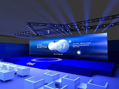 Large Event Stage Setup With Blue Backdrop Screen BEST Text White Chairs And Lighting Equipment 3d model
