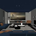 Modern Home Theater Interior With Starry Ceiling Projection Screen And Fireplace 3d model