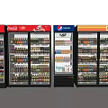 Commercial Beverage Refrigerators Freezers With Multiple Drink Brands Coca-Cola Pepsi Logos In Retail