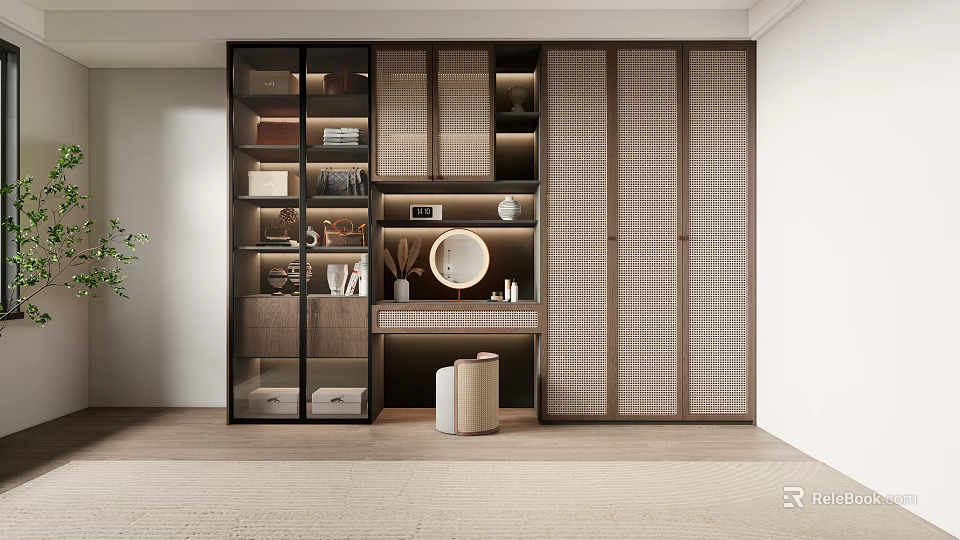 Modern Cloakroom Interior Design With Glass Door Cabinets Storage Shelves And Mirror 3d model 