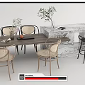 Modern Dining Table Set With Light Colored Chairs Black Stools And Marble Bar Counter 3d model
