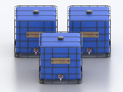 Blue Industrial Drums With Metal Frames Top Lids Side Valves And Labels 3d model
