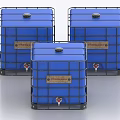 Blue Industrial Drums With Metal Frames Top Lids Side Valves And Labels