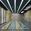 School Indoor Fitness Room Featuring Hanging Rings Yellow Exercise Ball And Colorful Floor Area