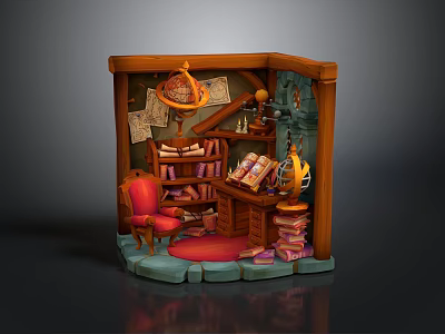 Vintage Miniature Study Nook With Wooden Bookshelf Red Armchair Open Book And Globe 3d model