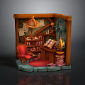 Vintage Miniature Study Nook With Wooden Bookshelf Red Armchair Open Book And Globe
