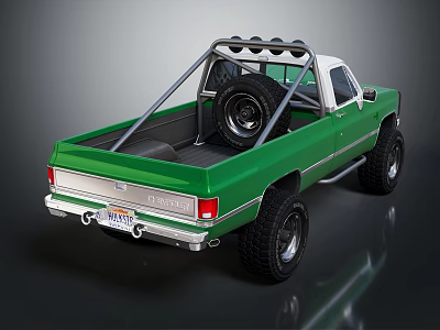 Green Pickup Truck With Spare Tire On Truck Bed And Roof Rack 3d model