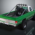 Green Pickup Truck With Spare Tire On Truck Bed And Roof Rack