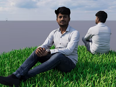 Two Men Sitting on Green Grass Facing Camera and Back View with Water Cloudy Sky 3d model