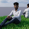 Two Men Sitting on Green Grass Facing Camera and Back View with Water Cloudy Sky 3d model