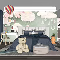 Kids Bedroom Interior With Hot Air Balloon Mural Cloud Pendant Lights Bed And Teddy Bear