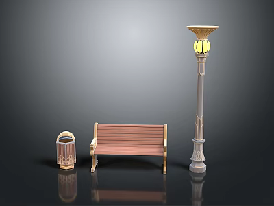Outdoor Street Furniture Collection With Wooden Bench Decorative Lamp Post And Metal Trash Can 3d model