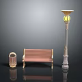 Outdoor Street Furniture Collection With Wooden Bench Decorative Lamp Post And Metal Trash Can