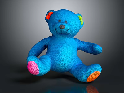 Blue Plush Teddy Bear With Colorful Ears And Paws In Sitting Pose 3d model