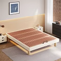 Double Bed With Wooden Slat Design In Modern Bedroom With Books Kettle And Wooden Blinds
