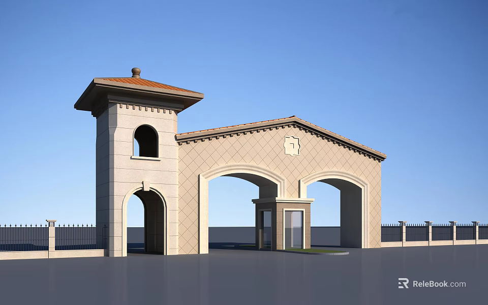 European Style Entrance Gate With Stone Wall Red Roof Tower And Arched Doorways 3d model 