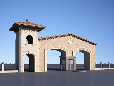 European Style Entrance Gate With Stone Wall Red Roof Tower And Arched Doorways 3d model