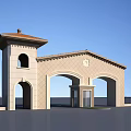 European Style Entrance Gate With Stone Wall Red Roof Tower And Arched Doorways