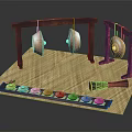 Traditional Percussion Music Equipment With Wooden Frame Hanging Gongs Tray Bowls And Drum