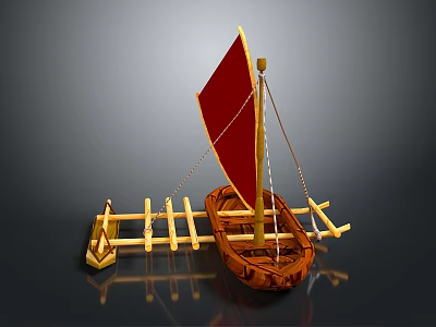 Wooden Water Transport Boat With Red Sail And Raft Structure Design 3d model
