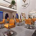 Modern Hair Salon Interior With Orange Chairs Round Mirrors And Display Shelves