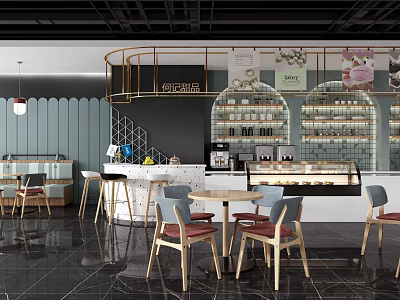 Modern Dessert Shop Interior With Glass Display Cases Wooden Tables Marble Counter And Cozy Seating 3d model