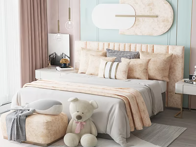 Double Bed With Pastel Pink Headboard Pillows Light Blue Wall Circular Mirror Ottoman Teddy Bear 3d model