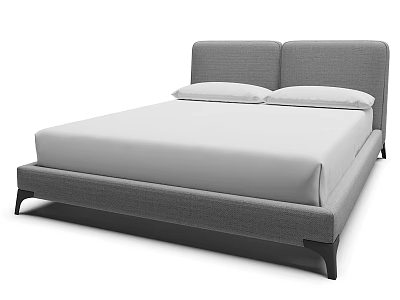 Modern Minimalist Double Bed With Gray Upholstered Headboard White Mattress And Black Wooden Legs 3d model