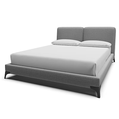 Modern Minimalist Double Bed With Gray Upholstered Headboard White Mattress And Black Wooden Legs 3d model