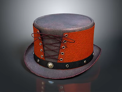 Round Top Leather Hat With Orange Body Dark Brim Metal Buckle And Lacing Detail 3d model