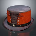 Round Top Leather Hat With Orange Body Dark Brim Metal Buckle And Lacing Detail