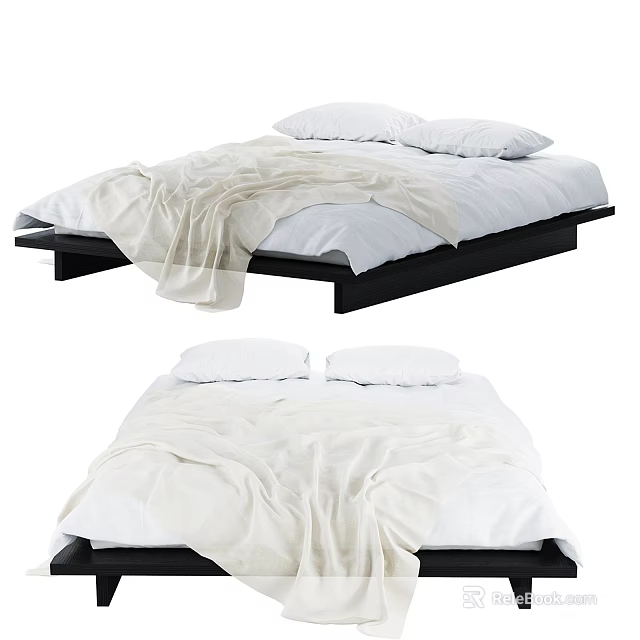 Double Bed With White Sheets Pillows And Blanket On Modern Frame 3d model 