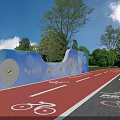 Blue Scenic Wall With Circular Patterns And Inscriptions By Tree Lined Red Bicycle Lane 3d model