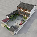 Traditional Chinese Garden Landscape Featuring Classical Architecture Courtyard Stone Pavement And Wooden Furniture