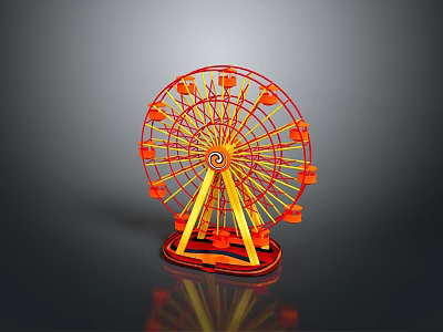 Colorful Red Yellow Ferris Wheel Miniature Model With Reflective Base On Grey Background 3d model