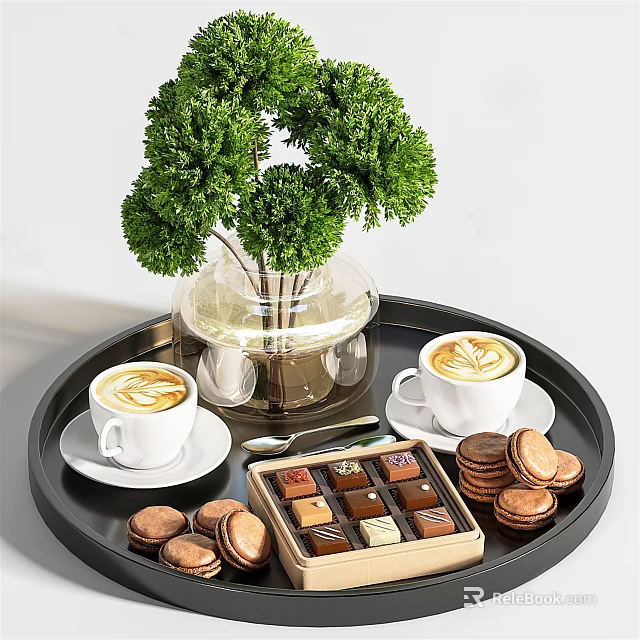 Latte Coffees With Latte Art Chocolate Box And Cookies On Black Tray With Green Plant 3d model 