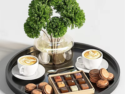 Latte Coffees With Latte Art Chocolate Box And Cookies On Black Tray With Green Plant 3d model