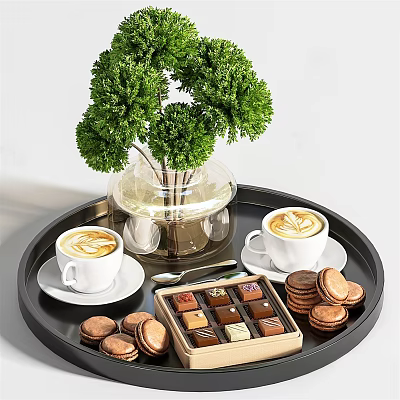 Latte Coffees With Latte Art Chocolate Box And Cookies On Black Tray With Green Plant 3d model