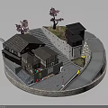 Traditional Japanese Houses With Cherry Blossom Trees Stone Paths Shops Stone Walls And Curved Road
