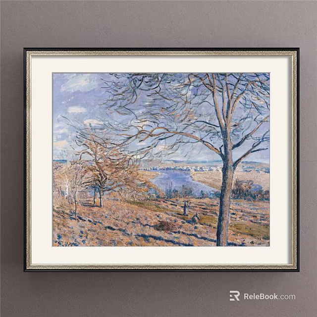 Scenic Landscape Painting with Leafless Trees River and Distant Rural View 3d model 