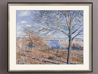 Scenic Landscape Painting with Leafless Trees River and Distant Rural View 3d model