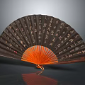 Decorative Fan Pendant With Dark Wooden Frame Orange Surface Calligraphy Characters And Red Accent
